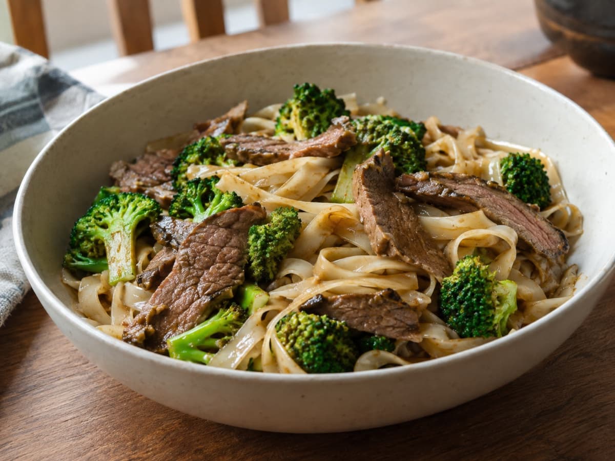 Sliced beef and broccoli with rice noodles in a ceramic bowl.