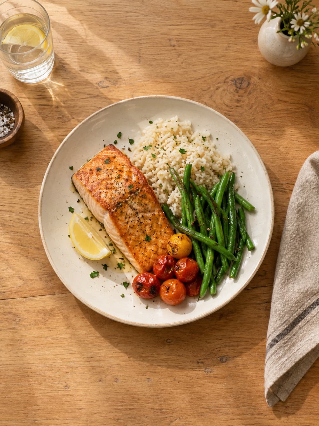 A complete salmon dinner with rice, green beans and roasted tomatoes.