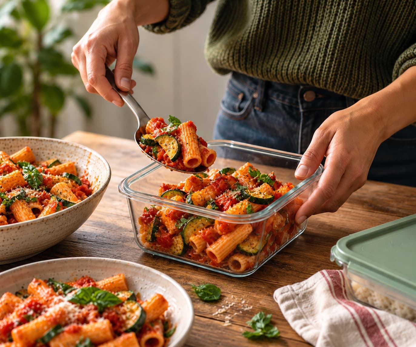 Packing tomato pasta into a glass container for tomorrow’s lunch.