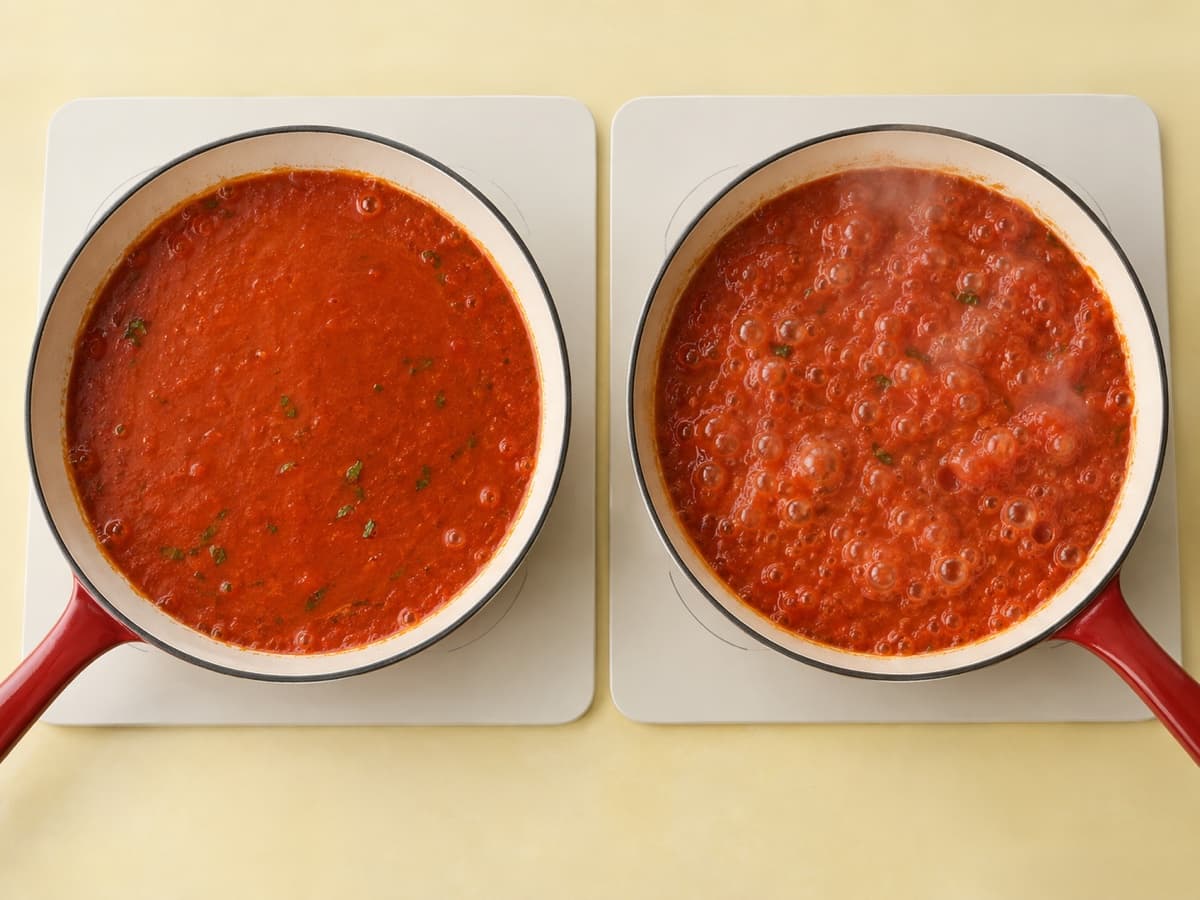 Two pans of tomato sauce: a few small bubbles on the left, vigorous bubbling on the right.