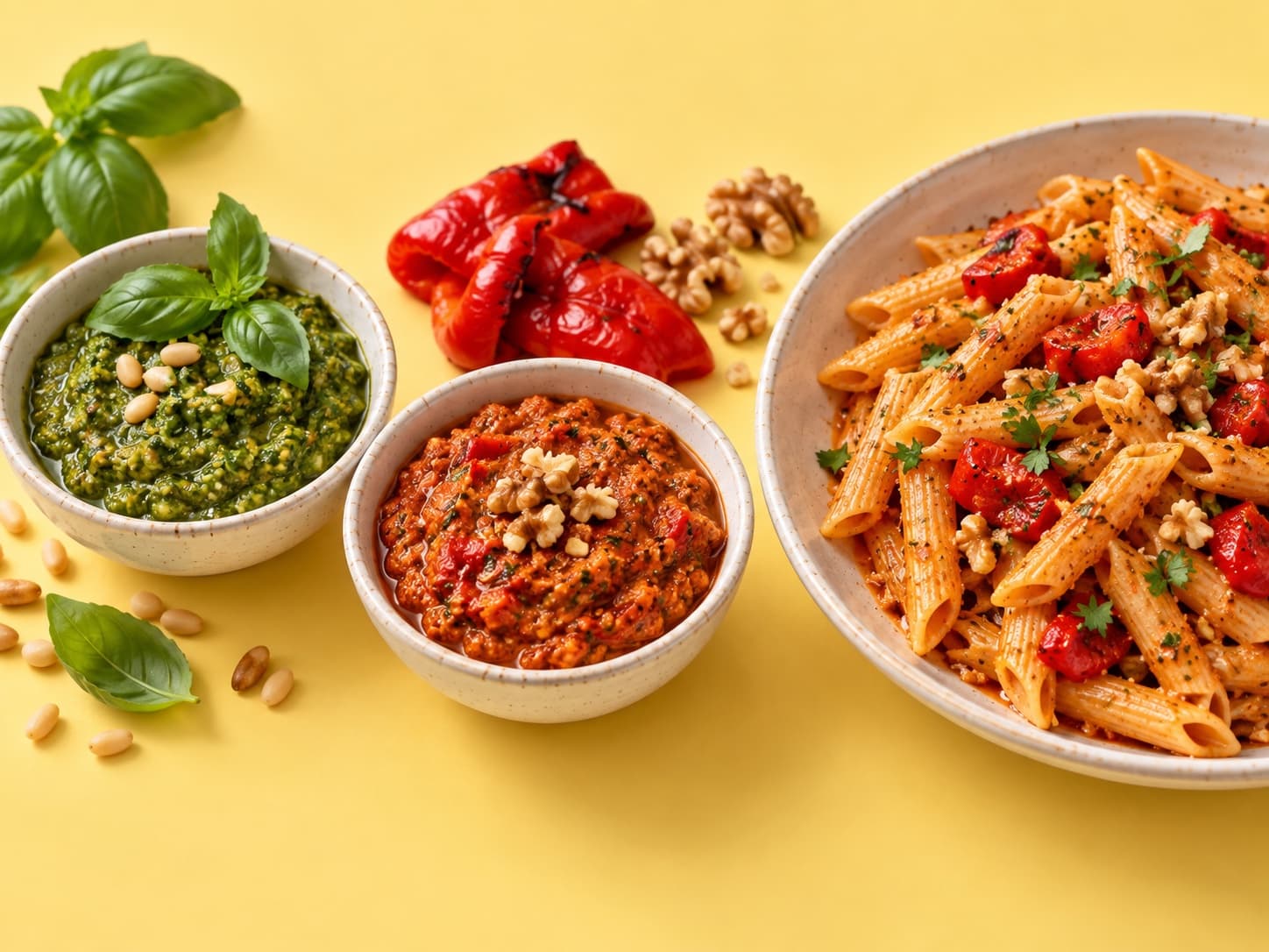 Green basil pesto beside red pepper and walnut pesto and a bowl of red pesto pasta.