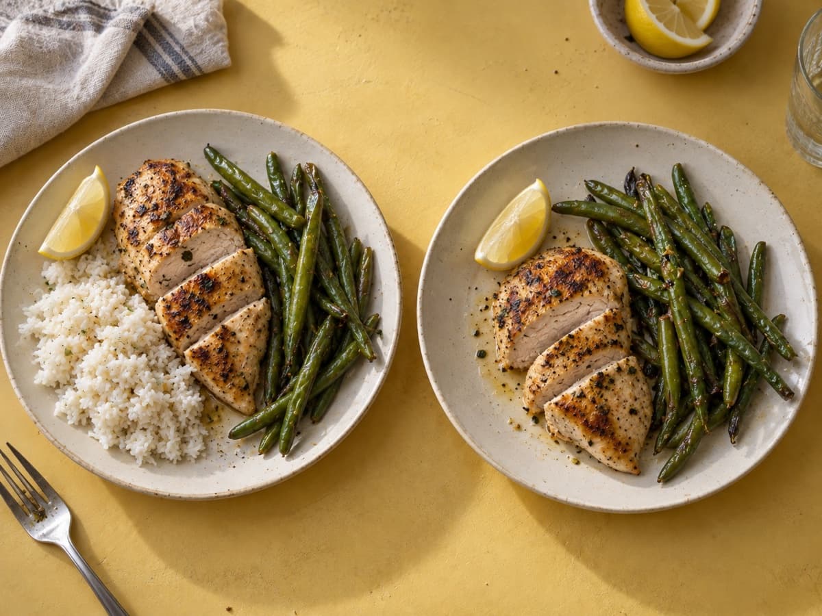Two plates of lemon chicken and green beans; only the plate on the left includes rice.