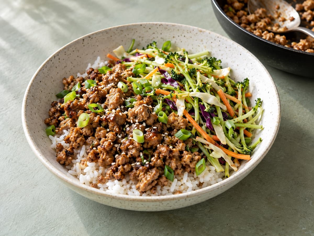 Sesame-ginger ground turkey over rice with colorful broccoli slaw.
