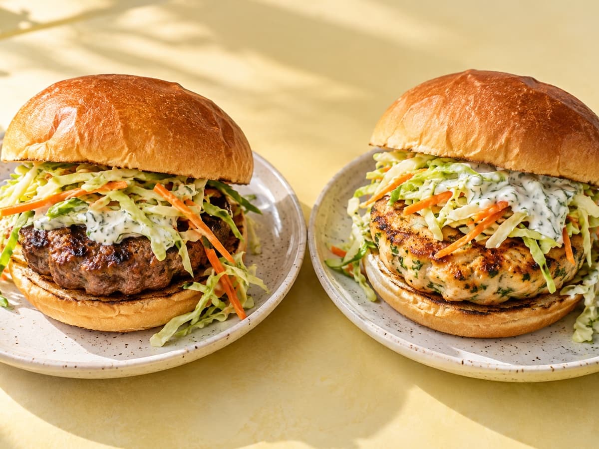 A beef burger beside a chicken burger with herbs, slaw and sauce.