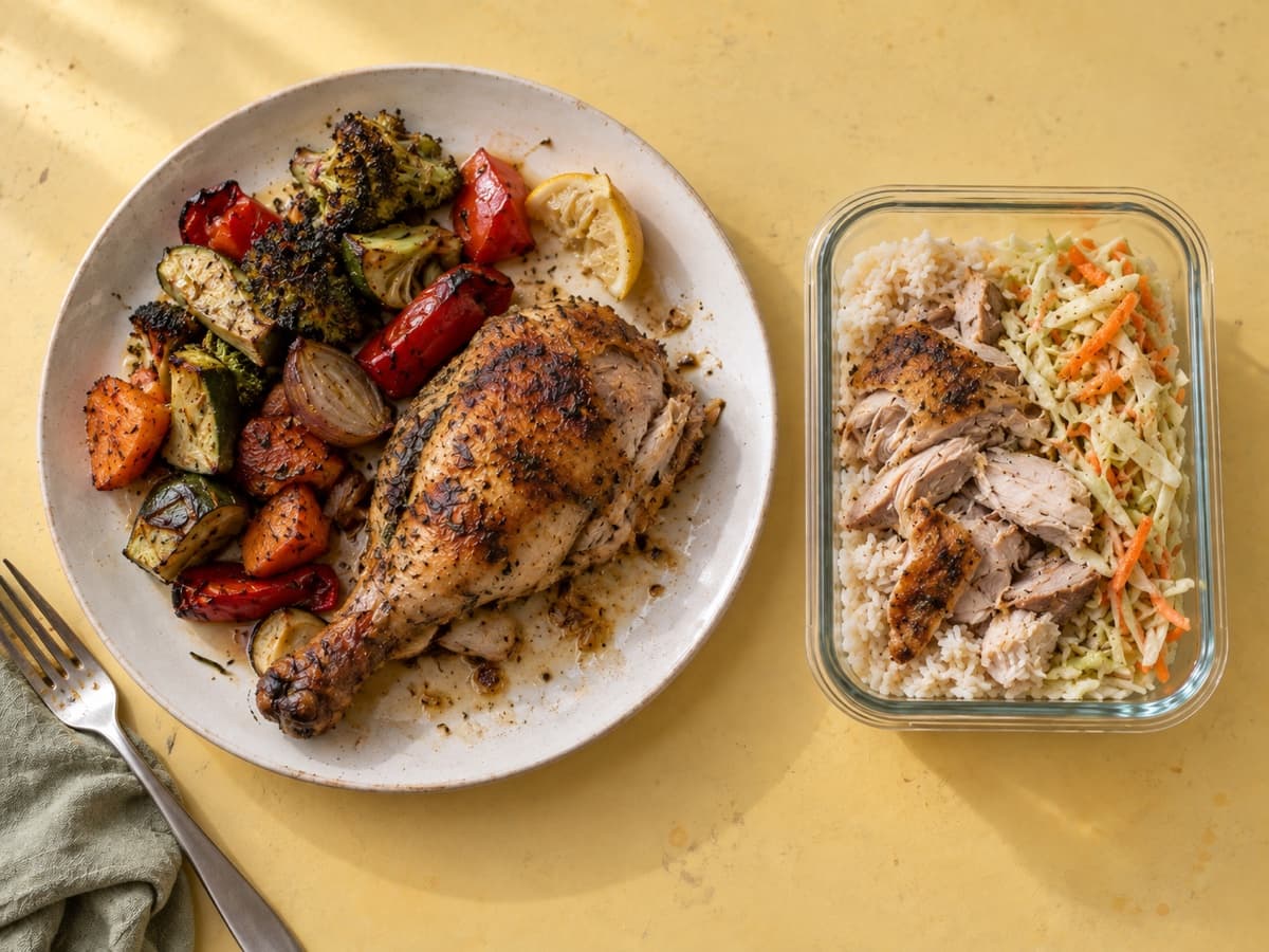 Roast chicken and vegetables beside a chicken, rice and slaw lunch container.