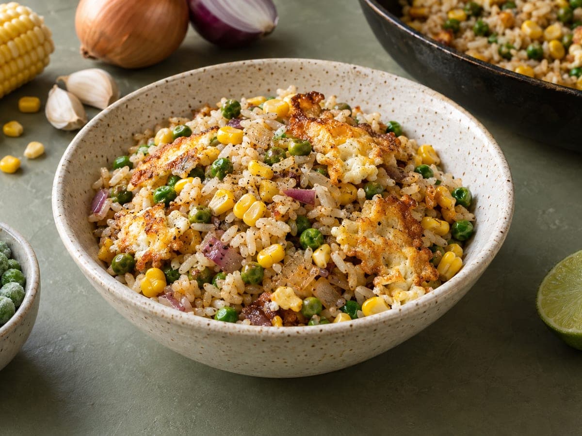 Sweet corn and pea fried rice with crispy egg